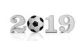 Soccer, football, 2019. New year 2019 with soccer ball isolated on white background. 3d illustration Royalty Free Stock Photo