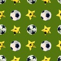 Soccer football pattern watercolor drawing. Seamless sports gear. Yellow star pentagon train team. Leather green