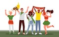 Soccer or football people fans celebrate goal on white background. Cartoon young happy woman man fan characters Royalty Free Stock Photo