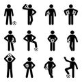 Soccer football player with ball different poses vector illustration. Standing front view black and white icon man pictogram Royalty Free Stock Photo