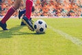 soccer or football player standing with ball on the field for Kick the soccer ball at football stadium,Soft focus Royalty Free Stock Photo