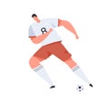 Soccer or football player in uniform kicking ball with his foot. Professional footballer in motion. Colored flat vector