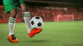 Soccer football players in sport stadium field against fan club