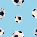 Soccer football rapport watercolor drawing. Seamless sports gear train team. Leather pentagon on blue background Royalty Free Stock Photo