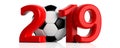 Soccer, football 2019. Red new year 2019 with soccer ball on white background. 3d illustration Royalty Free Stock Photo