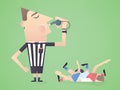 Soccer / Football Referee Blows Into Whistle Over Fallen Players. Royalty Free Stock Photo