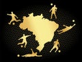 Soccer football stadium field with player silhouettes set on gold Brazil map flat background Royalty Free Stock Photo