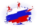 Soccer football stadium field with player silhouettes set on Russia flag flat background Royalty Free Stock Photo