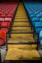 Soccer football stadium seats in blue and red with yellow stairs. Royalty Free Stock Photo