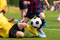 Soccer football tackle moment. Skill of tackling in soccer game Royalty Free Stock Photo