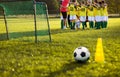 Soccer football training for young boys. Training session on the grass soccer field Royalty Free Stock Photo