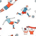 Soccer football player game match fans line icons seamless background pattern.