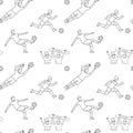 Soccer football player game match fans line icons seamless background pattern.