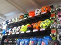 Soccer footballs in a sports store. Royalty Free Stock Photo