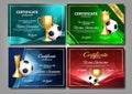 Soccer Game Certificate Diploma With Golden Cup Set Vector. Football. Sport Award Template. Achievement Design. A4 Royalty Free Stock Photo