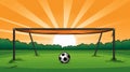 Soccer goal with ball on the field at sunset. Vector illustration Royalty Free Stock Photo