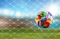 Soccer goal with soccer ball with world flags design in soccer n Royalty Free Stock Photo