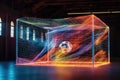 Soccer goal with dynamic holographic nets that adapt to the velocity and trajectory of the ball, creating an intricate dance of