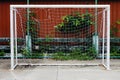 A front view of the soccer goal net on the soccer playing field Royalty Free Stock Photo