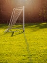 Soccer goal post in a green field, Selective focus, Warm sunny day, Sun flare, dark trees in the background. Concept football Royalty Free Stock Photo