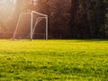 Soccer goal post in a green field, Selective focus, Warm sunny day, Sun flare, dark trees in the background. Concept football Royalty Free Stock Photo