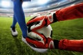 Soccer goalkeeper catches the ball Royalty Free Stock Photo