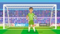 Soccer goalkeeper keeping goal on arena vector illustration. Flat. Football keeper in frame. Royalty Free Stock Photo