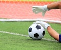 Soccer goalkeeper's hands reaching for the ball