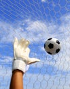 Soccer goalkeeper's hands reaching for the ball