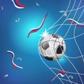 WORLD CUP 2018 RUSSIA. SOCCER GAME MATCH. GOAL MOMENT. BALL IN THE NET. TEMPLATE ILLUSTRATION ON BLUE BACKGROUND