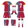 Red and blue yellow soccer jersey with sock and short mock up