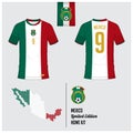 Soccer jersey or football kit, template for Mexico National Football Team. Flat football logo on Mexico flag label.