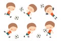 Soccer kid set. Cute caucasian boy playing football in red and blue sport uniform. Goalkeeper catching a soccer ball