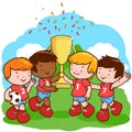 Children soccer players holding the trophy at the football field. Vector Illustration