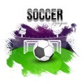 Soccer League concept with goal post, soccer ball, playing ground. Grunge background. Royalty Free Stock Photo