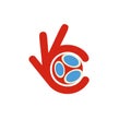 Soccer league logo, agreement football signal, best sport choice red vector icon, fingers show okay sign, soccer time.