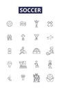Soccer line vector icons and signs. Goal, Kick, Striker, Pass, Skiller, Defender, Pitch, Penalty outline vector