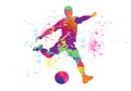 Soccer logo design. Football player kick the goal. Colorful sport background.