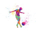 Soccer logo design. Football player kick the goal. Colorful sport background.