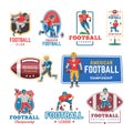 Soccer logo vector footballer or soccerplayer character in sportswear playing with soccerball on football pitch