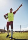 Soccer, man and celebrate goal, winner and winning on field, with ball and on field. Football, victory or player do Royalty Free Stock Photo