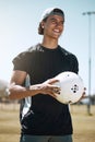 Soccer, man training on field and sport ball to play competitive summer training match on natural grass pitch. Happy Royalty Free Stock Photo