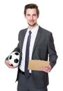 Soccer manager hold with strategy plan and soccer ball