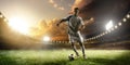 Soccer player in action on sunset stadium panorama background Royalty Free Stock Photo