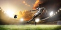 Soccer player in action on sunset stadium panorama background Royalty Free Stock Photo