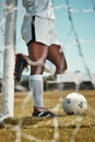 Soccer player, ball and athlete standing outdoor for training for a game on sports field practice for goal, motivation Royalty Free Stock Photo