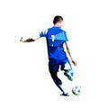 Soccer player in blue jersey kicking ball, low polygonal vector illustration. Team sports