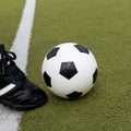 Soccer player doing kick with ball on football stadium field. Royalty Free Stock Photo