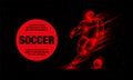 Soccer player dribbling with a soccer ball. Abstract football player with fire effect. Vector Sport Background for banner