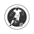 Soccer player dribbling with the ball, front view. Black vector football sports logo template with a soccer player on the round Royalty Free Stock Photo